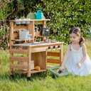 ROBUD Mud Kitchen for Kids Outdoor, Wooden Kids Mud Kitchen with Removable Sink, Planting Cup, Oven, Chalkboard, Utensils & Storage, Green Outdoor Play Kitchen for Ages 3+