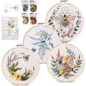 Santune 4 Pack Embroidery Kit for Beginners,Needlepoint Cross Stitch Kits for Adults,Needle Point Sets with Bee Flower Pattern Stitch Video Tutorial