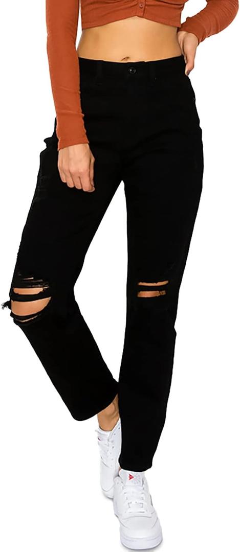 WAX JEAN Women's Mom Jean with Blown Out Knee (7, Black)