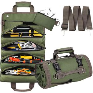 Tool Organizer Bag, Foldable Roll Up Bag Organizer w/ 2 Detachable Pouches, Heavy Duty Tool Storage Organization for Mechanic Carrying Toolbag, Dad Men Birthday Father Day, Gifts for Him (Green)