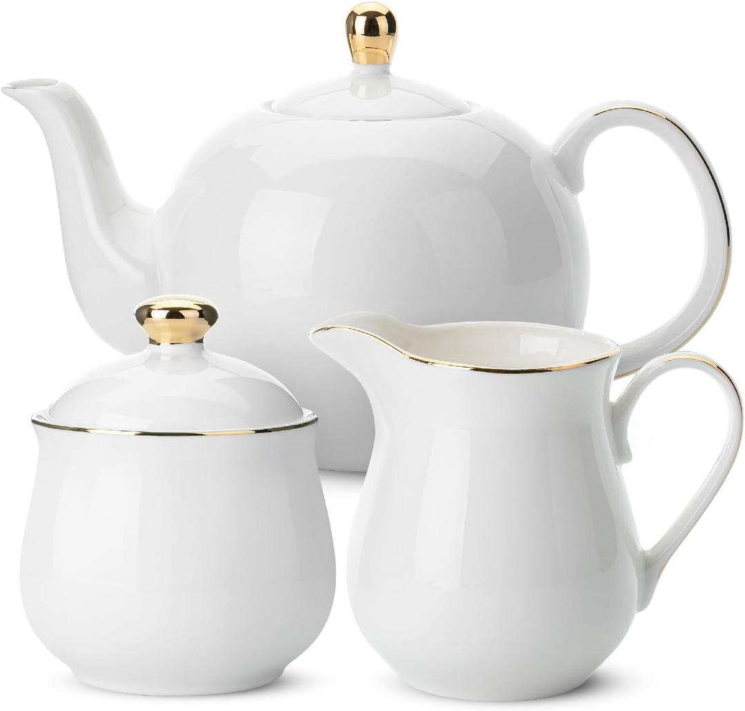 BTaT- 3 Piece Tea Set, Creamer and Sugar and Teapot Set, White Cream and Sugar Bowl and Creamer Set White Teapot Porcelain Teapot, Milk and Sugar Serving Set, Porcelain Tea Pot Ceramic Teapot