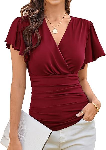 GRACE KARIN Women's Short Sleeve Dressy Peplum Tops V Neck Wrap Summer Business Casual Blouse Red S