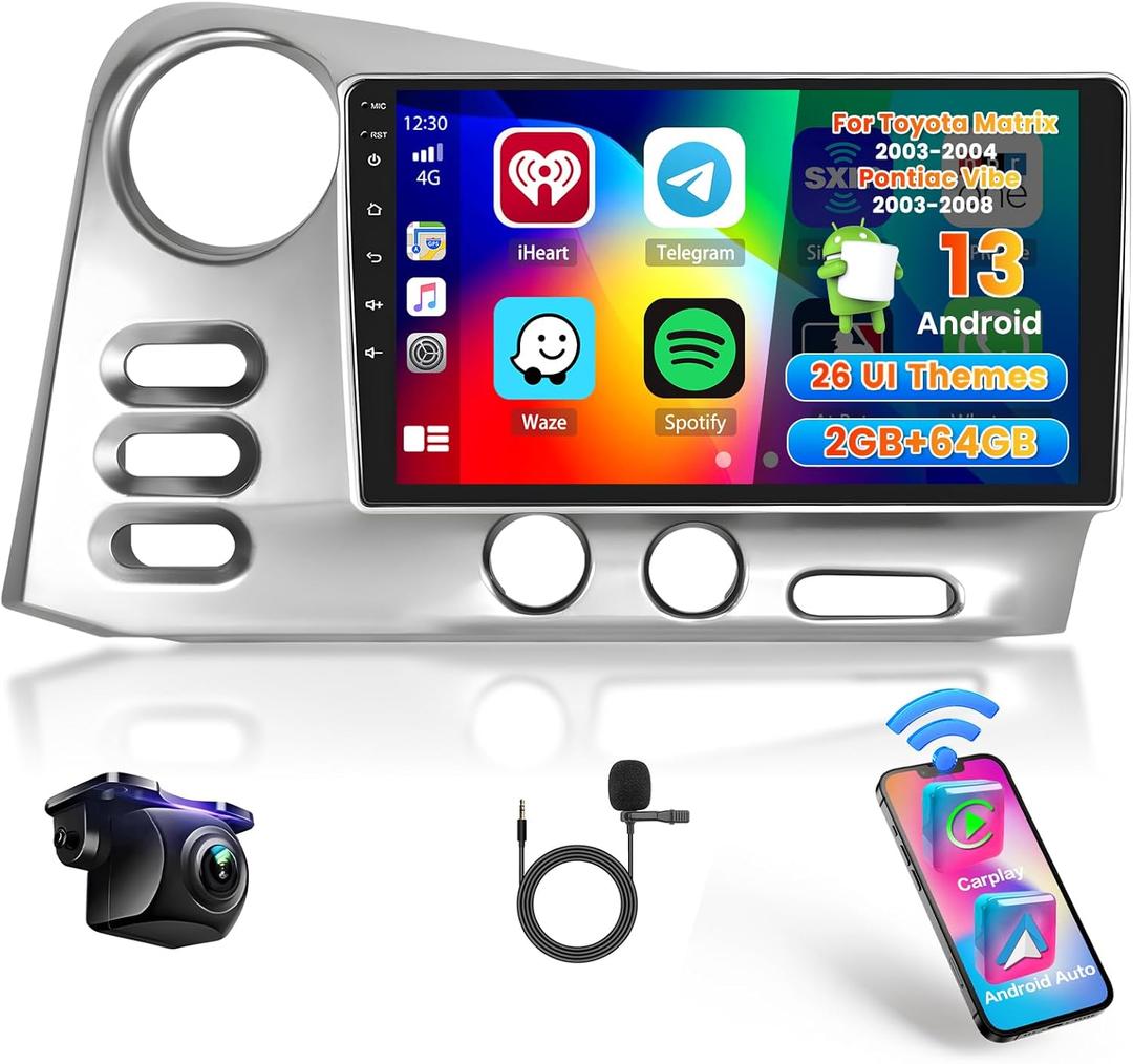 Car Radio for Toyota Matrix 2003-2004/Pontiac Vibe 2003-2008: [2G+64G] 9 inch Car Stereo with Wireless Carplay Android Auto, Touch Screen Upgrade with DSP Backup Camera
