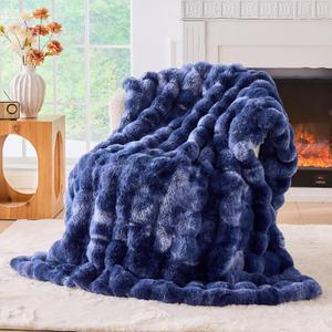 Fluffy Faux Fur Throw Blanket for Couch, Soft Plush Thick Cozy Fuzzy Luxury Minky Bubble Blanket for Home Living Room Decor Gift for Women, Tie-dye Blue, 51" x 63", 1100GSM