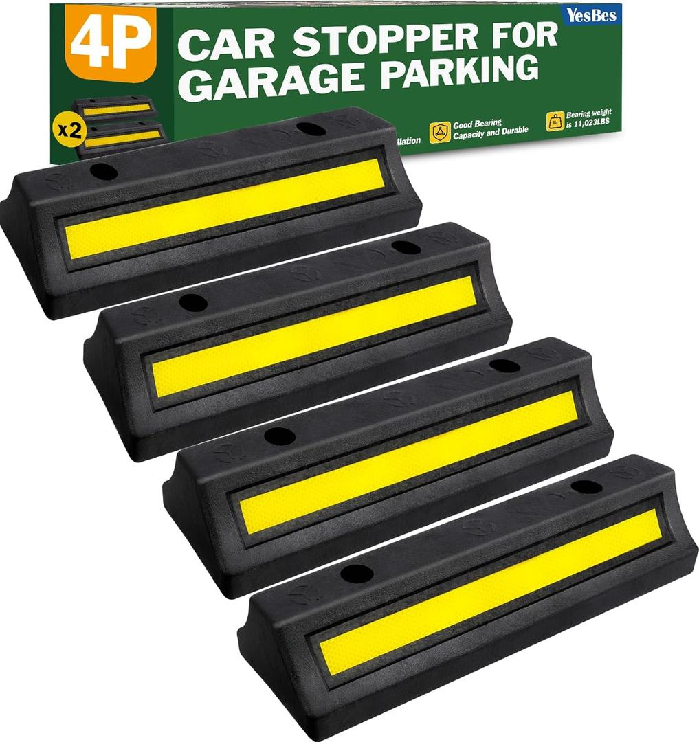 Pack of 4 Garage Parking Aid, 16.9'' Parking Stopper for Garage, Heavy Duty Rubber Garage Car Stopper with Reflective Yellow Tape Curb, Parking Gadgets Protects Garage Walls and Car