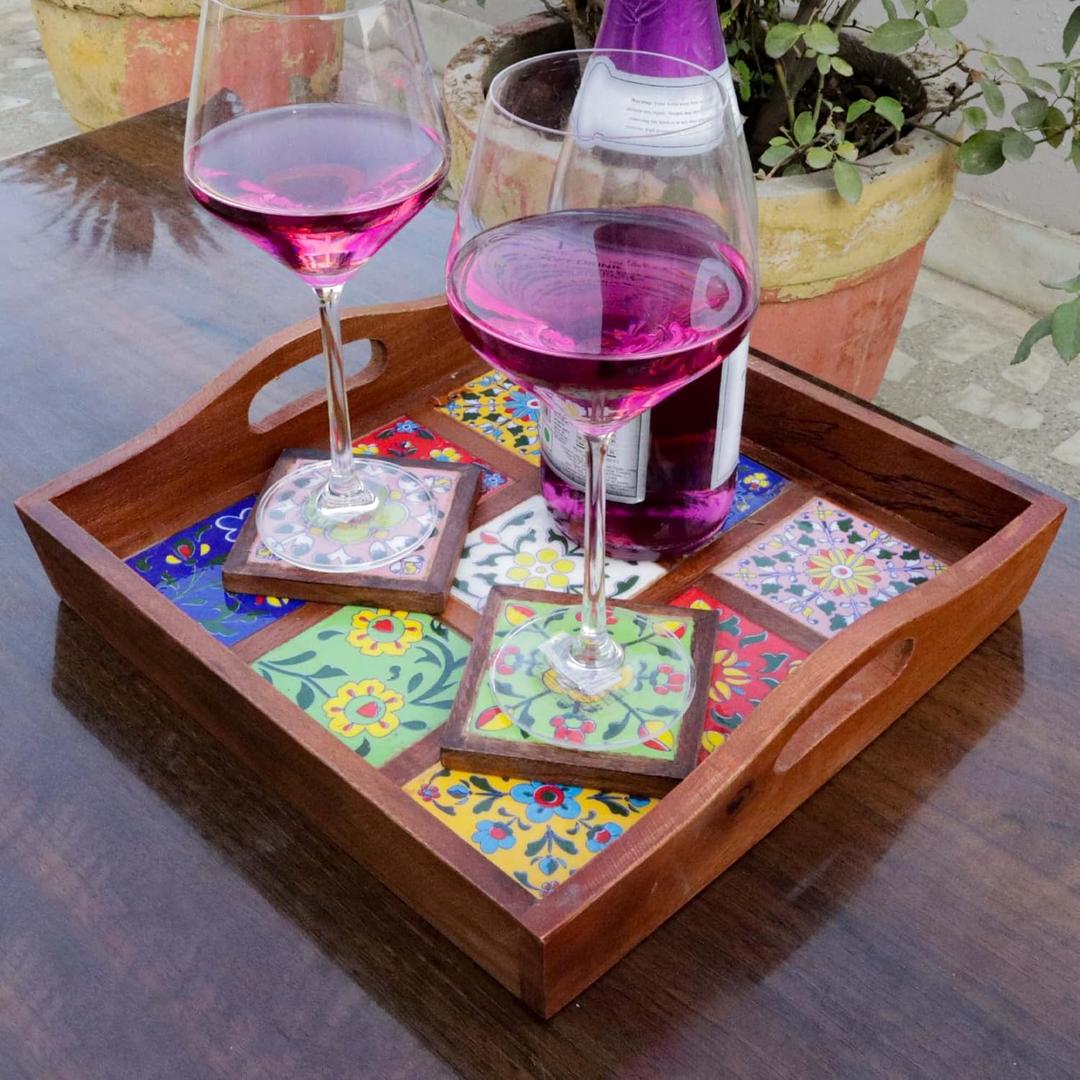 Craft Trade Mango Wood Serving Tray with Handle and 9 Fitted Floral Ceramic Tiles Wooden Platters Perfect for Breakfast Tea Coffee Snacks Dinner 30x30x8 cm Square (12x12x3 Inch Brown)