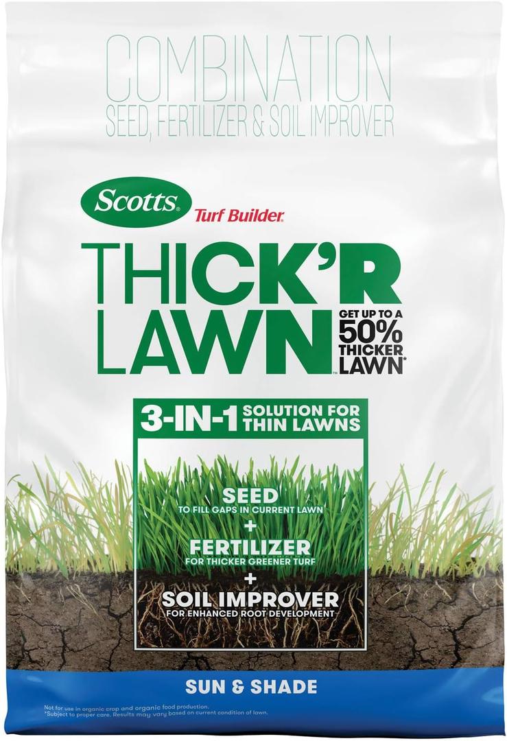 Scotts Turf Builder Thick'R Lawn Sun and Shade, Combination Seed, Fertilizer and Soil Improver, Thickens Thin Grass, 12 lbs.