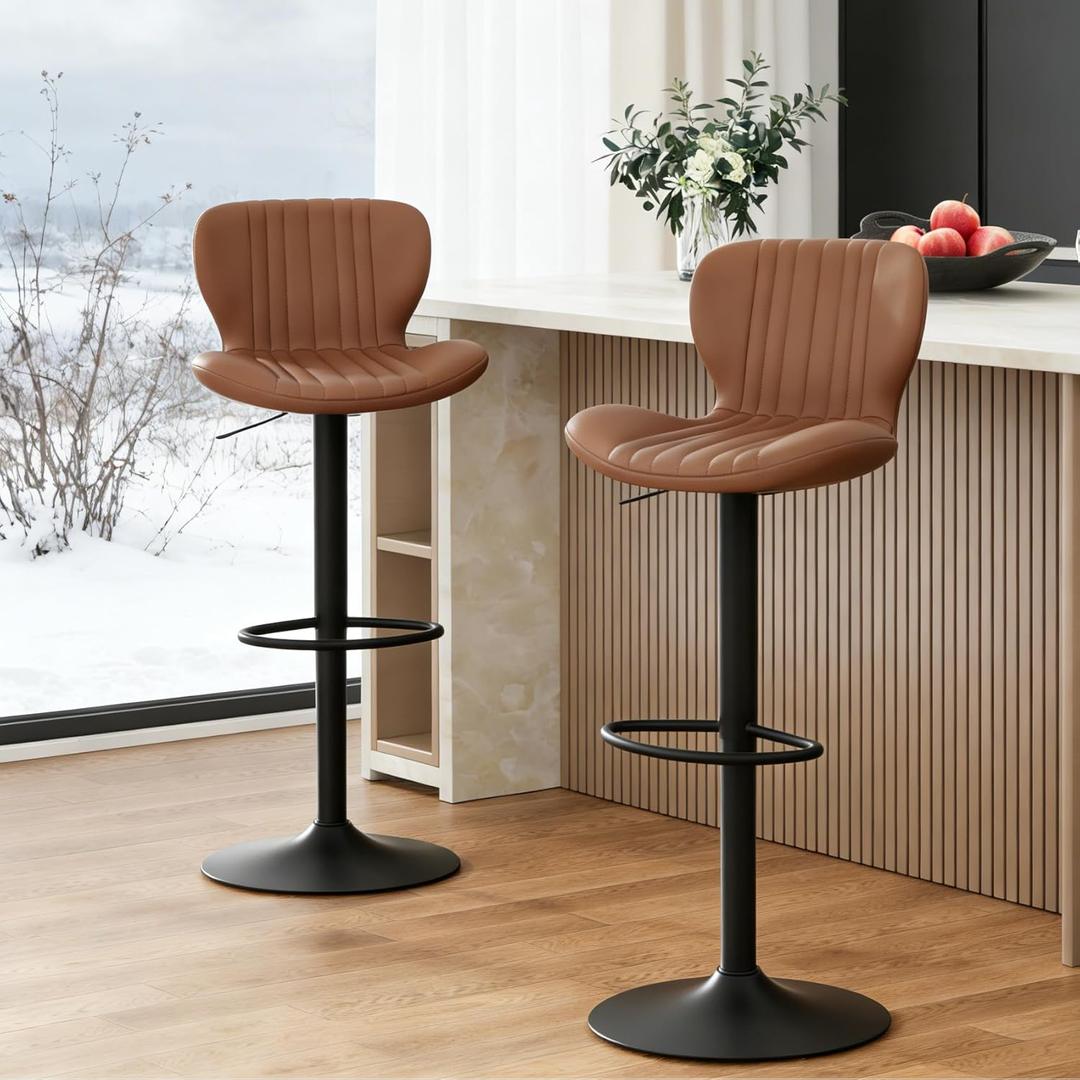 JAMFLY Bar Stools Set of 2, Leather Adjustable Barstools Counter Height Modern Bar Stools, Island Chairs Set of 2 for Kitchen, Brown