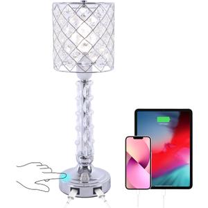Crystal Table Lamp with Dual USB Charging Ports,Touch Control Sliver Lamp for Night Stand,3 Way Dimmable Small Desk Lamp for Bedroom, Living Room (Silver)
