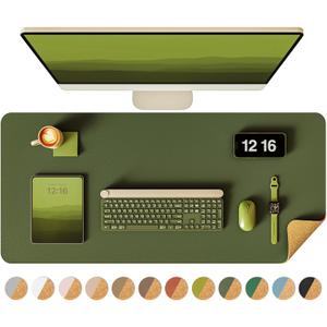 YSAGi Double-Sided Desk Pad, 31.5"x15.7"Leather Desk Mat, Eco Cork Desk Pad Protector,Large Mouse Pad,Waterproof Desk Blotter for Office/Home(Olive Green)