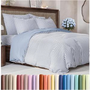 Duvet Cover King Size Set - Extra Soft King Size Duvet Cover 104 x 90 with 2 Pillow Shams - Hotel Luxury Easy Care and Fade Free w/Zipper Closures & Ties - Comfy Breathable Bedding Set (Blue Stripes)