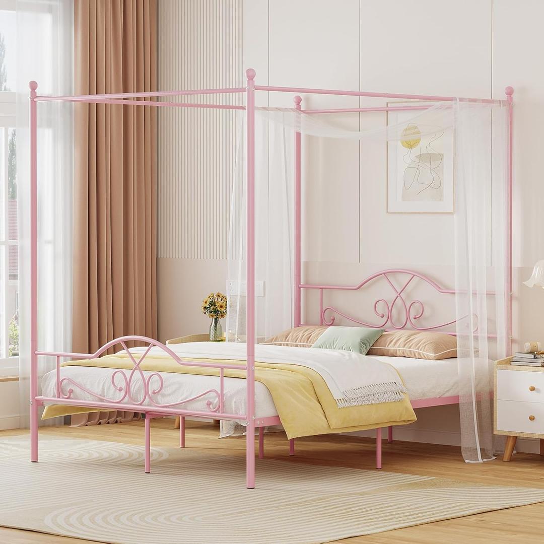 Weehom Full Canopy Bed Frame with Headboard and Footboard, Four-Poster Metal Canopied Platform Bed Mattress Foundation Underbed Storage Space No Box Spring Needed for Girls Adults Pink
