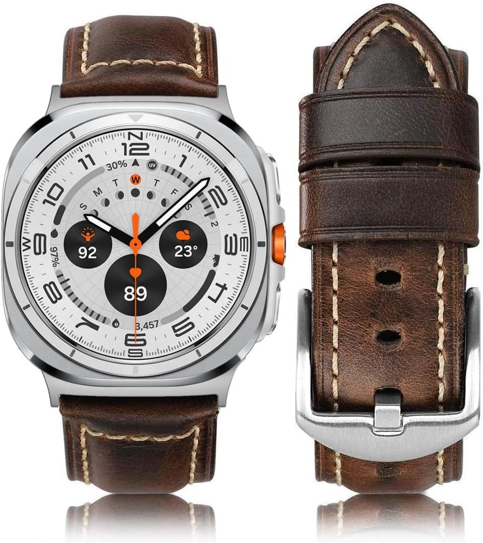 Leather Band Compatible with Samsung Galaxy Watch Ultra 47mm (2025/2024), Vintage Genuine Leather Wristband Replacement Band
