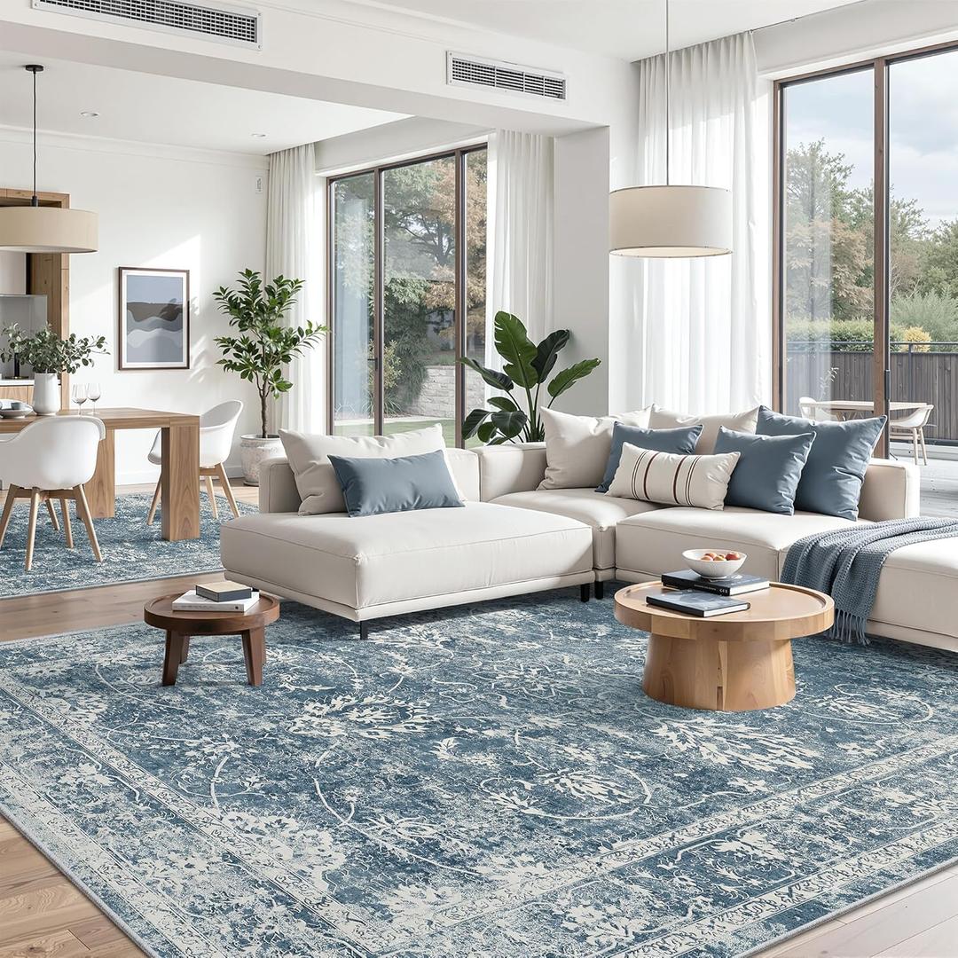 Madane 8x10 Area Rugs for Living Room, Machine Washable Vintage Rug with Non-Slip Backing, Soft Floral Print Large Throw Rugs, Thin Carpet for Bedroom Dining Room Farmhouse (8 x 10, Cadet Blue)