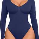 FeelinGirl Women's Long Sleeve Shapewear Bodysuit for Tummy Control Seamless Body Suits Thong V Neck Going Out Tops (Medium)