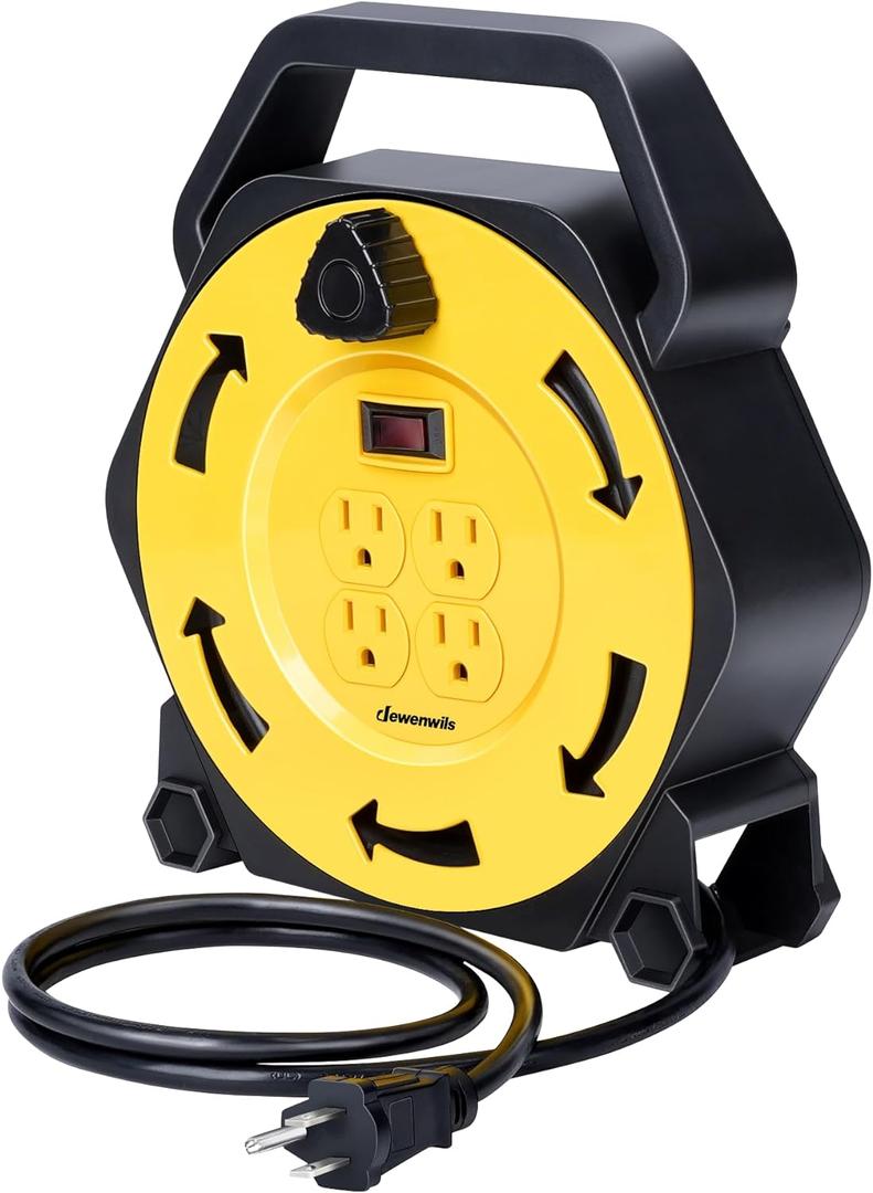 DEWENWILS Extension Cord Reel with 25 FT Power Cord, Hand Wind Retractable, 16/3 AWG SJTW, 4 Grounded Outlets, 13 Amp Circuit Breaker, Yellow, Black, UL Listed
