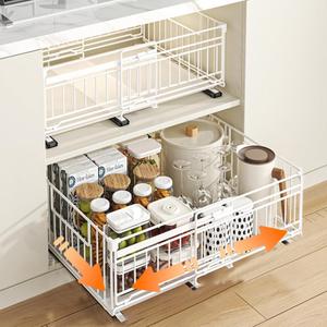 Expandable Pull Out Cabinet Organiser, No Drill Adhesive Slide Out Kitchen Drawer Shelf Durable Metal for Under Sink, Cupboard, Pantry, Adjustable Width (12.8"-19.7") (Style B White, 2 Pack) | Pull-out Kitchen Drawer Organiser with Telescopic Drawers, Space Saving for Pantry and Cabinet, White