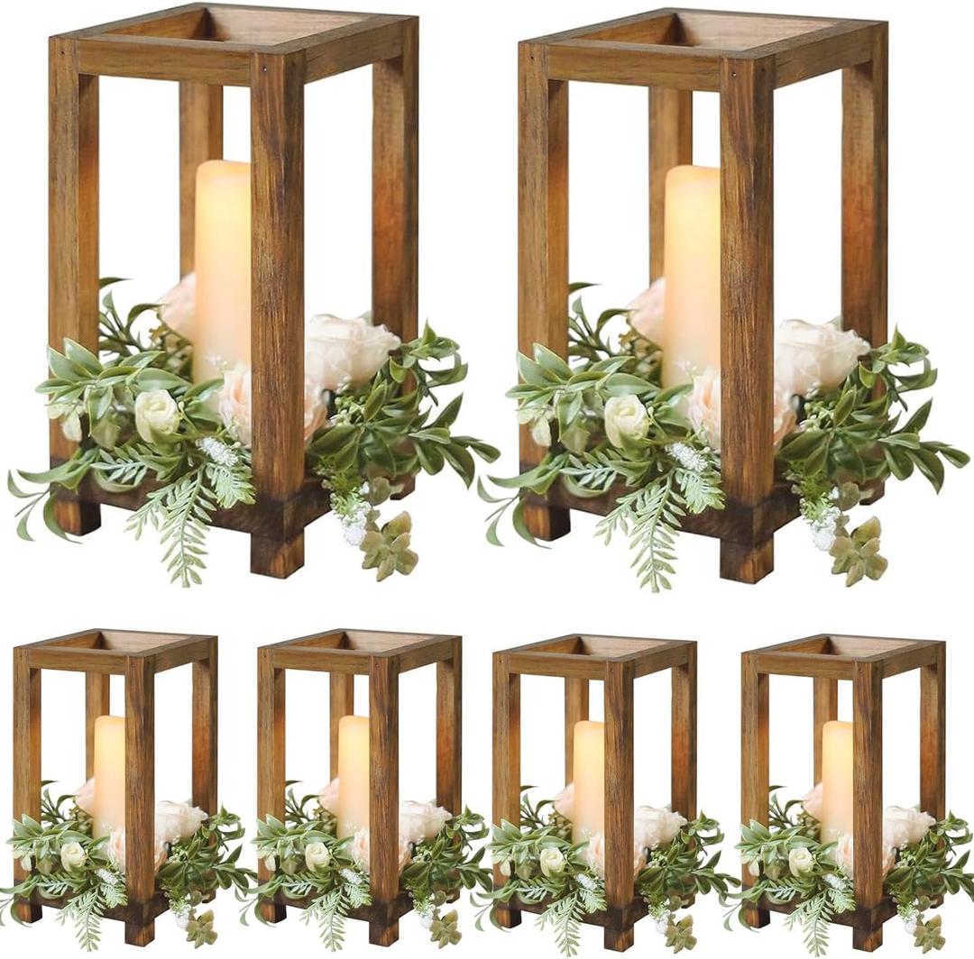 6 Pcs Wooden Wedding Lantern Centerpiece, Candle Holder for Table Fireplace (No Candles & Flowers), Rustic Farmhouse Decor for Home Christmas Wedding Party (6 PCS)
