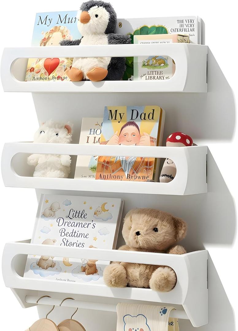 Nursery Book Shelves, Premium Bamboo Wood, Fully Assembled - Nursery Decor, Book Shelf for Kids Rooms, Multi-Use Floating Shelves for Wall with Hanger Bar, Set of 3 (White, 16.5 Inches)