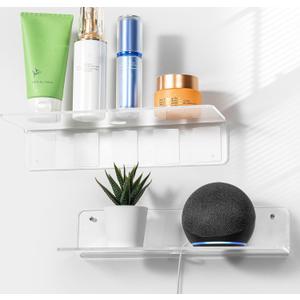 OAPRIRE Clear Acrylic Floating Shelves Set of 2 - Easily Expand Wall Space - 12 Inch Small Wall Shelf with Strong Adhesive for Bathroom, Bedroom, etc