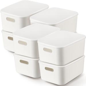 Tuanse 8 Pieces White Plastic Storage Bins with Lids, Stackable Storage baskets with Handle Containers Box for Shelves Drawers Desktop Playroom Classroom Office Organization(14 x 10.5 x 6.5 Inches)