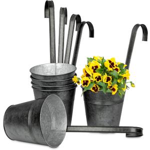 Briful 5'' Hanging Planters for Outdoor Plants, Black Rustic Galvanized Metal Buckets, Fence Balcony Railing Hanging Pots with Detachable Hooks, Set of 6