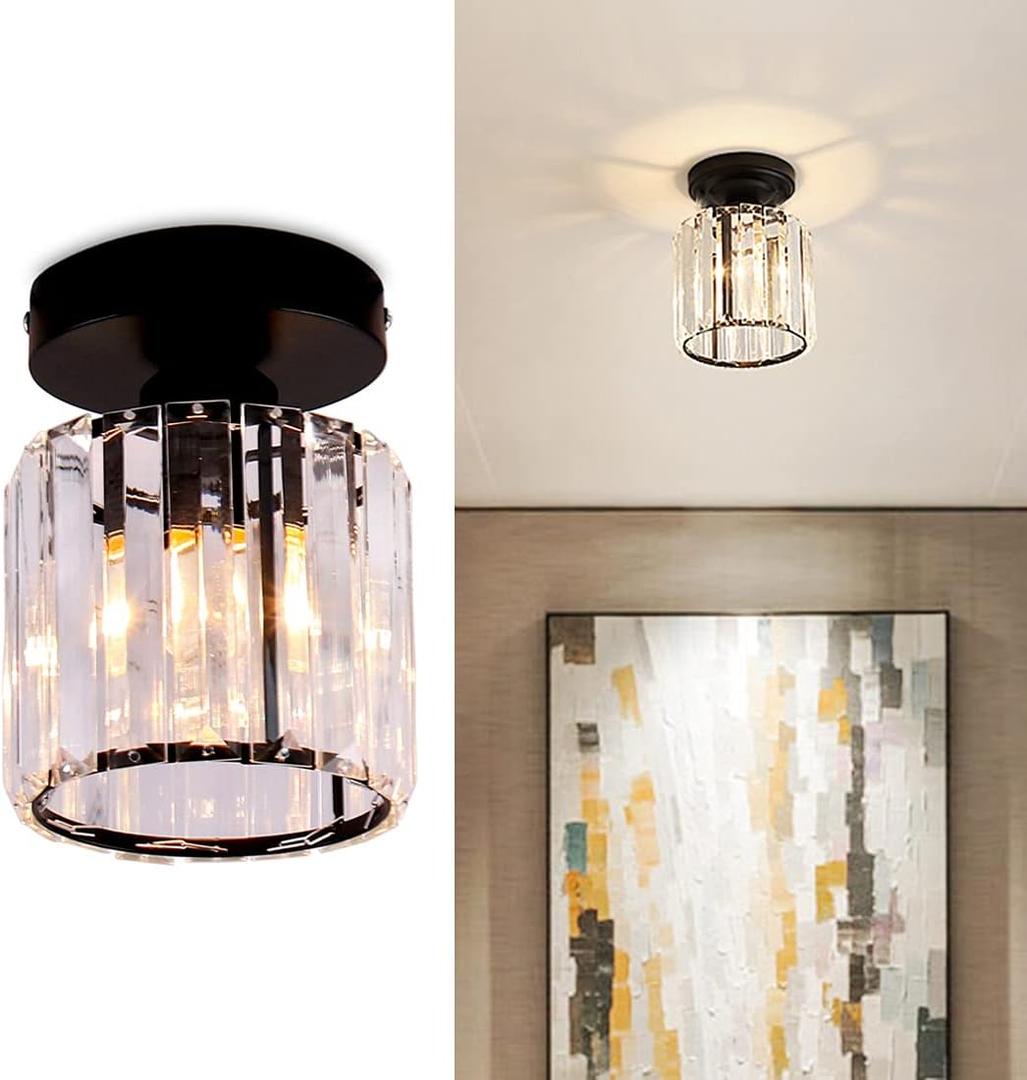 FRIXCHUR Mini Crystal Chandelier Modern Ceiling Light Semi Flush Mount Ceiling Lighting Fixture Modern Crystal Ceiling Lamp for Hallway Kitchen Island Dining Room Bedroom Bar Black E26 Socket