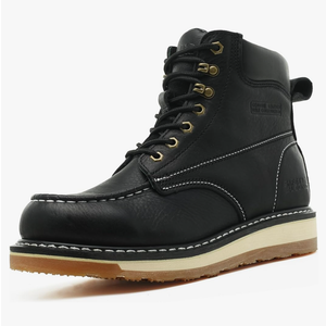 Moc Toe Work Boots for Men Waterproof Soft/Steel Toe Comfortable Full Grain Leather Non Slip Wedge Outsole Construction 6" Workboots USA 12