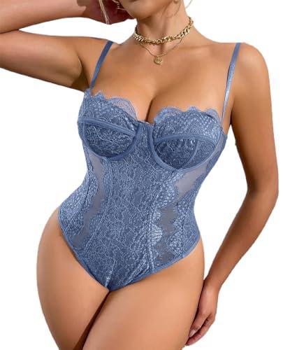 WADAYUYU Blue Lace Corset Bodysuit for Women Sexy Underwire Bustier Top Floral Lace Shapewear Bodysuit One Piece Corset Top for Women Night Out Club Outfit Sexy Lingerie M