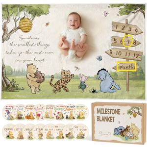 Classic Winnie Bear Baby Monthly Milestone Blanket, Neutral Vintage Bear Quotes Soft Flannel Milestone Blanket with Gift Box Holiday Signs Felt Marker for Winnie Nursery Decor Baby Stuff 59 x 39Inch