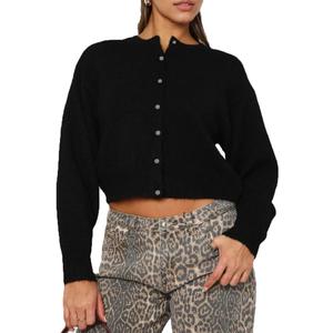 Cioatin Women Y2K Open Front Button Down Crop Sweater Cardigan Long Sleeve Lightweight Knit Pullover Fall Outfits Tops (Black, L)