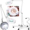 10X Magnifying Glass with Light and Stand, Floor Lamp with 5 Wheels Rolling Base for Lash Estheticians Facials, 2200 Lumens Stepless Dimmable, LED Lighted Standing Magnifier for Sewing Crafts (White)