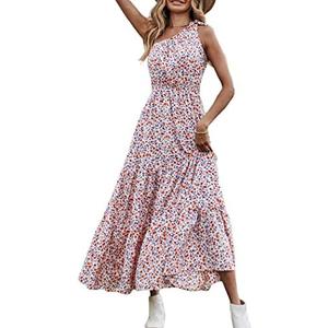 PRETTYGARDEN Women's Summer Floral One Shoulder Maxi Dress Knot Ruffle Boho Beach Vacation Wedding Guest Long Dresses Small
