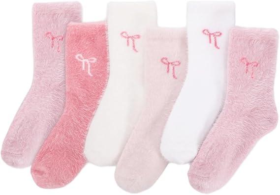 Womens Fuzzy Socks Bow Cute Animal Girls Slipper Sock Funny Winter Cozy Fluffy Warm Socks Home Sleeping,6 Pairs