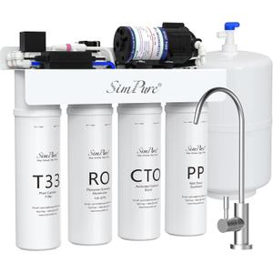 SimPure T1-100 Reverse Osmosis Water Filter, Near 0 TDS Reverse Osmosis System 7 Stage, NSF/ANSI 58 Certified, Under Sink RO Water Filtration System 100 GPD with Tank, Build in Pump, BPA Free
