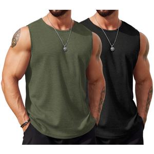 COOFANDY Men Casual Sleeveless Tank Top Summer Beach T Shirts Waffle Knit Tanks Cotton Hawaiian Tank Shirt Black/Army Green (XXL)