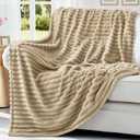 decorUhome Soft Fleece Light Brown Throw Blanket for Couch, Cozy Fluffy Plush Flannel Striped Blanket for Sofa Bed, Lightweight Decorative Ribbed Fuzzy Blanket for Woman, 50x60 Inches