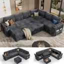Vipbear 111" Modular Sectional Sleeper Sofa with Pull Out Bed, 7 Seat Corduroy L Shaped Couch with Ottoman|USB Ports|Cup Holders|Side Table|Storage Armrest, Tool Free Assembly, Grey