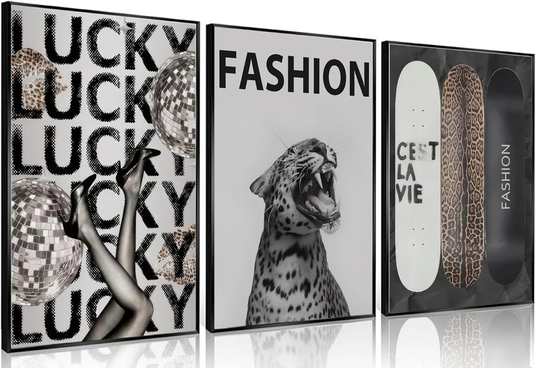 Trendy Leopard Wall Art Fashion Cheetah Lucky Skateboard Wall Decor Pictures Funky Vintage Preppy Luxury Aesthetic Posters Prints for Girly Bedroom Apartment Dorm Decoration Unframed 16x24in