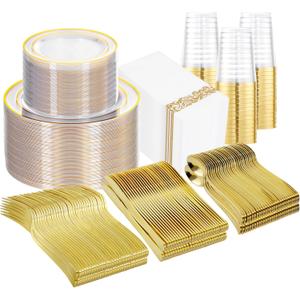 700 Pieces Gold Dinnerware Set - 100 Guests Clear Disposable Dinnerware Set for Party, Wedding, Include: 200 Clear Plates with Gold Trim, 100 Cups, 100 Napkins, 100 Plastic Silverware Sets