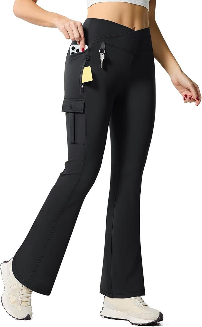 Flare Leggings for Women Yoga Crossover High Waist Pants with Tummy Control Workout Cargo with 5 Pockets Bootcut Leggings (Medium, Black)