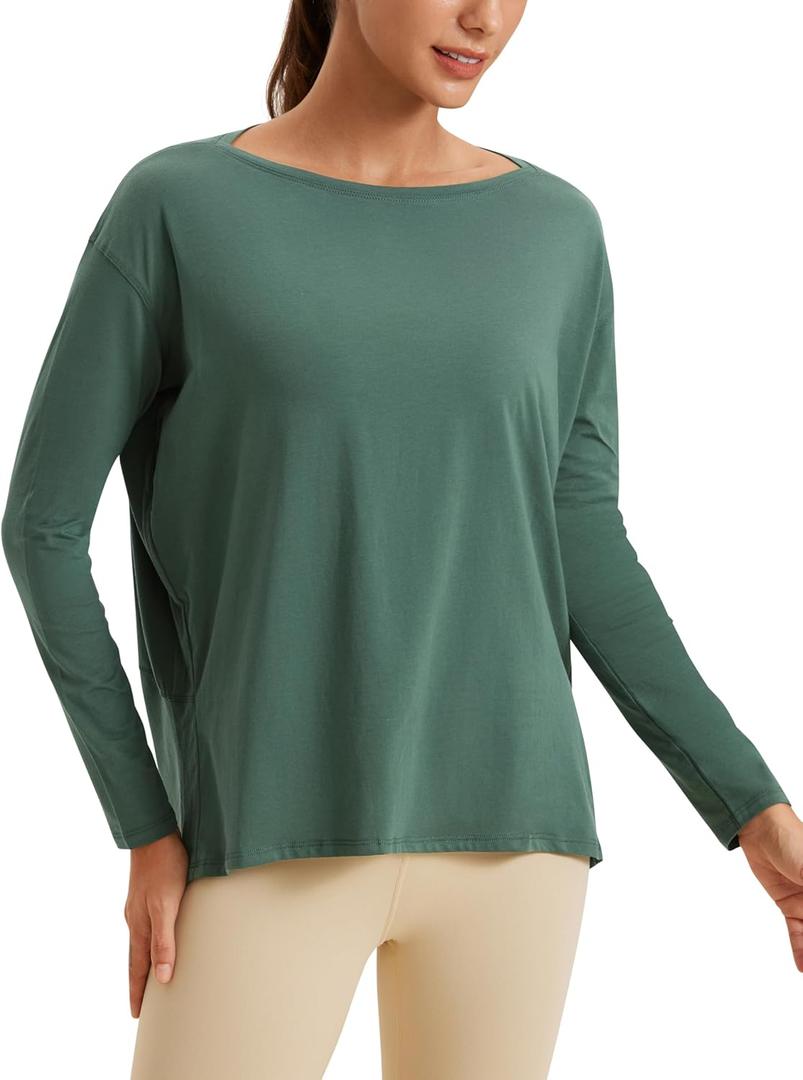CRZ YOGA Pima Cotton Long Sleeve Workout Shirts for Women Loose Fit Athletic Yoga T-Shirts Casual Boat Neck Fall Tops (Large)