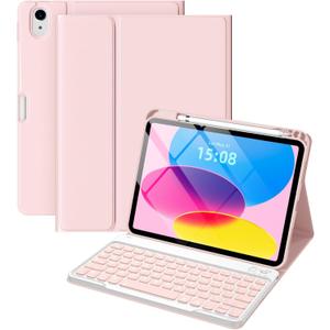 For iPad (A16) 11th/10th Generation Case with Keyboard, 7-Color Backlit, Detachable Keyboard Case for iPad A16 11 inch 2025 & 10th Gen 10.9 inch 2022, Folio Cover with Pencil Holder, Pink