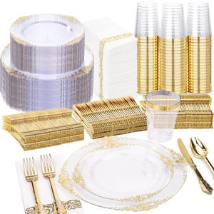 Nervure 350PCS Clear Gold Plastic Plates - Gold Plastic Dinnerware Sets for 50 Guests - 100 Disposable Plates, 150 Silverware, 50 Cups, 50 Napkins for Wedding & Party