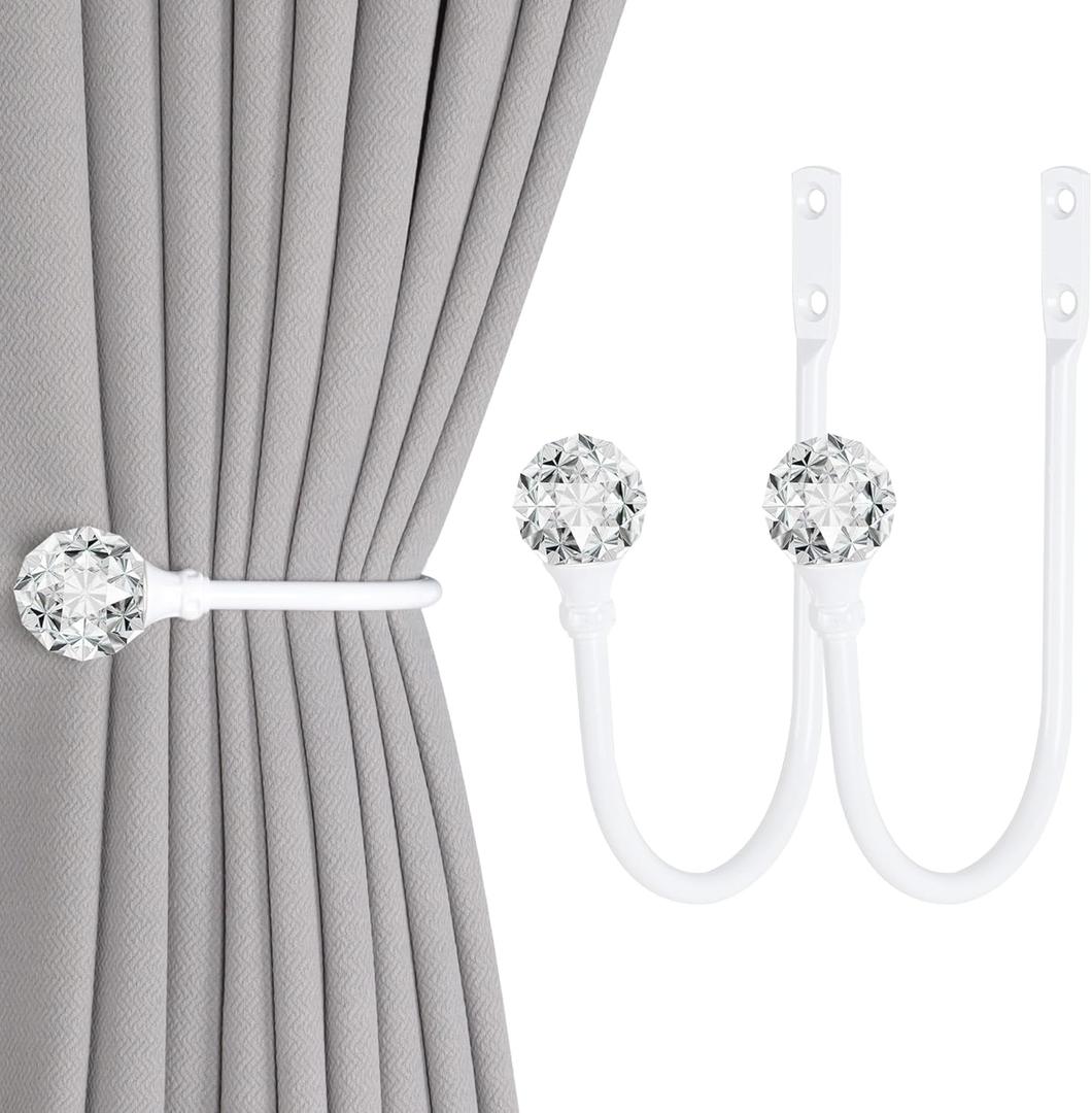 2 x Heavy Duty U Shaped Metal Curtain Holdbacks Curtain Tiebacks with Clear Crystal Ball Pull Backs Curtain Holders for Drapes (White)