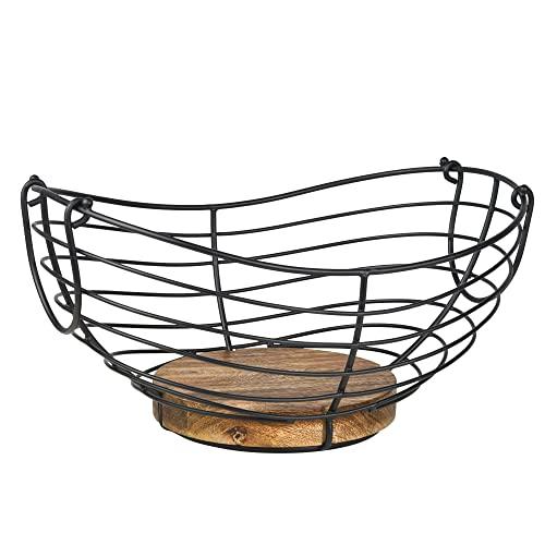 Modern Farmhouse Fruit Basket for Kitchen Counter, Vintage Wire and Wooden Base Fruit Bowl for Kitchen Decor, Fruit & Vegetables Storage Basket/Bowl