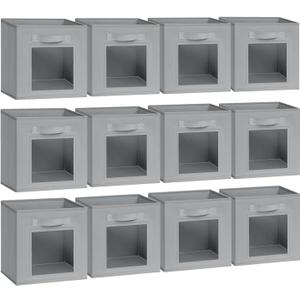 DIMJ Cube Storage Bin, 12 Pack Collapsible Storage Bins, Cube Storage Organizer with Window, Fabric Storage Bins for Shelves, Closet Baskets for Clothes, Books (Light Grey)