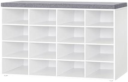 DINZI LVJ Shoe Storage Bench with Cushion, 16-Cubby Shoe Rack, Adjustable Shelves, Multifunctional Shoe Organizer Bench for Entryway, Mudroom, Hallway, Living Room, Bedroom and Garage, White