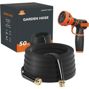Giraffe Tools Garden Hose 50FT Lightweight Lay Flat Water Hose Kink Free Flexible Hose with 9 Spray Function Nozzle, Black