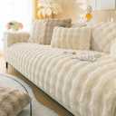 MERRYLIFE Thick Plush Faux Rabbit Fur Sofa Slipcovers 1-Piece Non-Slip Warm Soft Cozy Couch Covers Furniture Protector (Beige, Sofa Cushion 90 * 210cm)